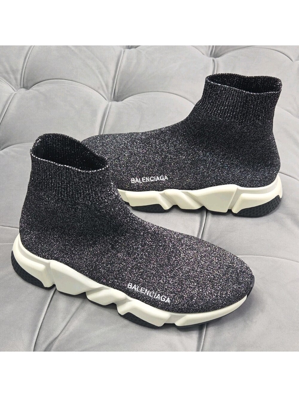 Balenciaga SPEED LT Sneaker Black Silver Glitter Knit Metal Mens Shoe 40 7 $1200